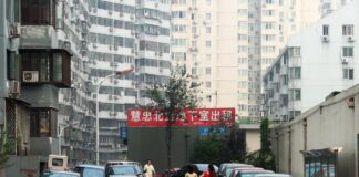 L'immagine mostra una via della capitale Cinese, immediatamente riconoscibile per la scritta in ideogrammi bianchi su fondo rosso al centro di una distresa di palazzi grigi con un piccolo alberello nel mezzo. In basso è visibile una strada con i bordi occupati da macchina parcheggiate e due donne che portano la spesa verso i palazzi