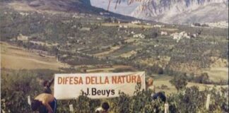 L'immagine mostra un dettaglio dell'opera "Difesa della Natura" di J. Beuys a Bolognano nella campagna Abruzzese. Un gruppo di persone a torso nudo o in tuta sono intente a trafficare su filari ed arbusti, mentre altre due persone tengono in mano uno striscione col titolo dell'opera, il tutto con un paesaggio collinare sullo sfondo